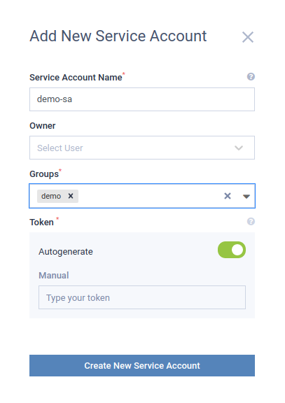 Content of service account screen
