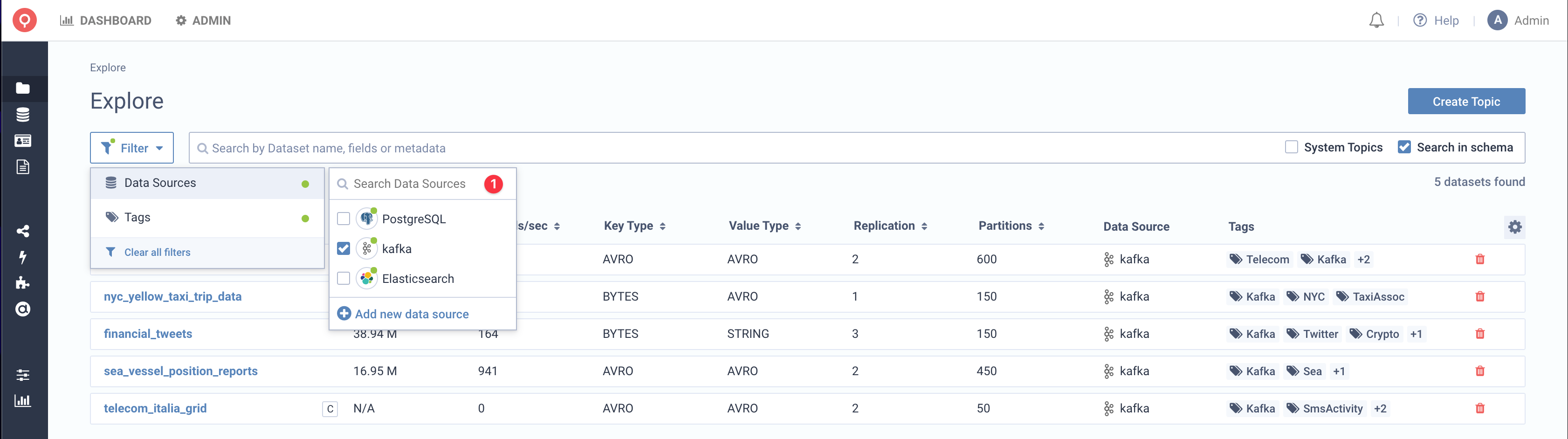 Filter sources, Data Catalog