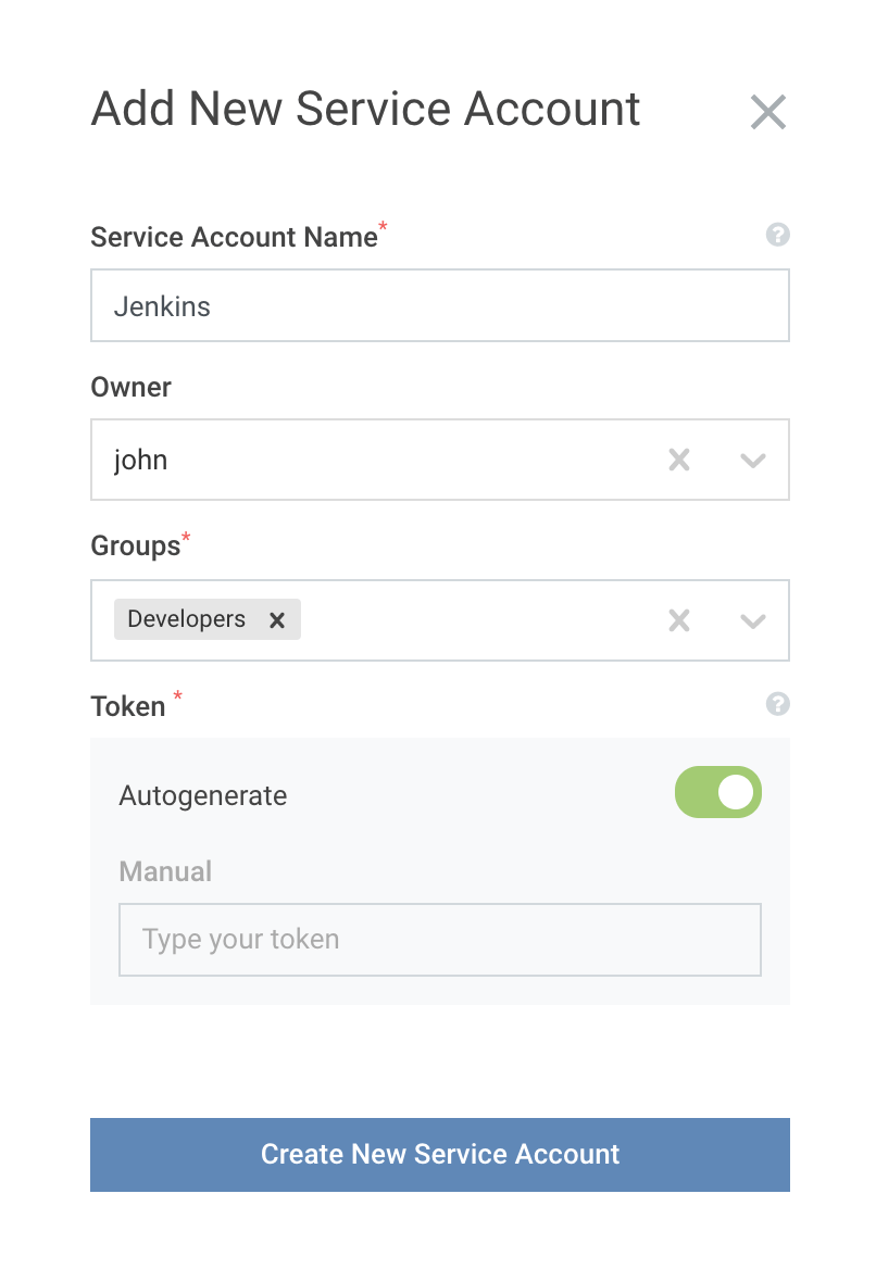 New Service Account screen